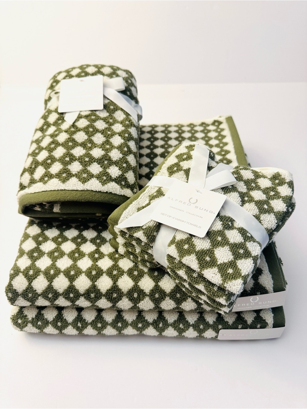 8pc ALFRED SUNG 100% Cotton Diamond Pattern Bath Towel Set - Green/White